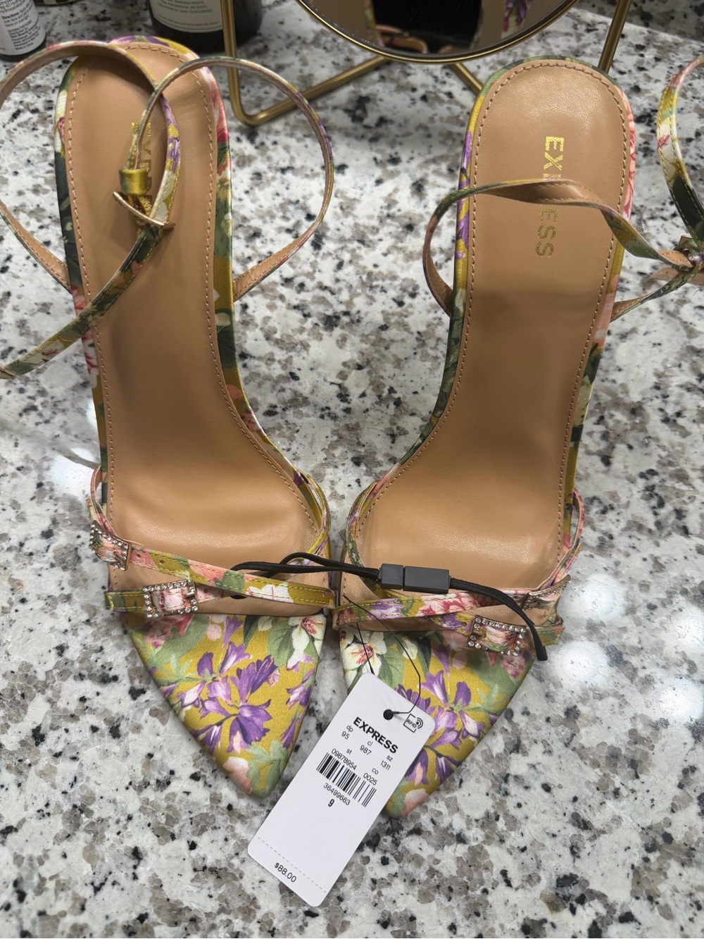 Express Floral Pointed-Toe Ankle-Strap Heels in Yellow and Purple